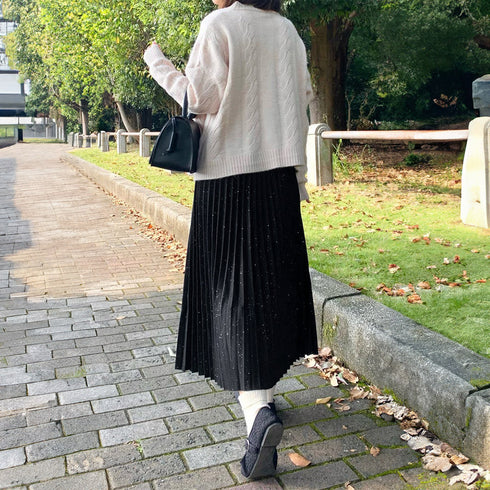 プリーツスカート レディース プリーツスカート レディース ウエストゴム ミディアム丈スカート ラメ入り aラインスカート 11DKZA-004