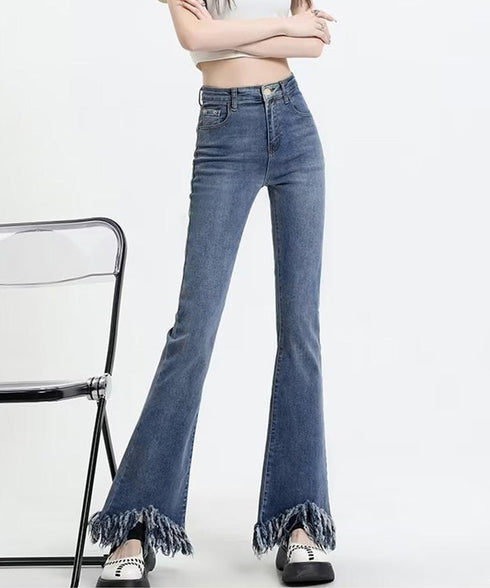 フレアパンツ デニムパンツレディース美脚 ハイウエスト スキニーデニムパンツ 着やせ カジュアル ロングパンツ おしゃれ 裾フリンジ ジーパン 細身 スリム 韓国 1AMY-008