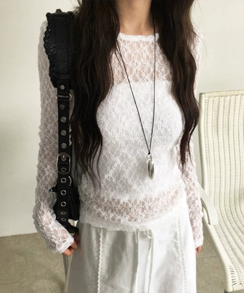 シアーレーストップス 長袖レースインナー レディース 重ね着 レイヤードインナーカットソー 大人カジュアル シアープルオーバー 韓国風 透け感 花柄レースブラウス 1CHENXINI-006