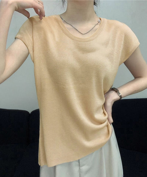 ニットTシャツ レディース 韓国風 夏服 Uネック プルオーバー 着やせ 大人カジュアル インスタ映え シンプルカットソー おしゃれ半袖トップス リラックス 無地 1CHIC-001