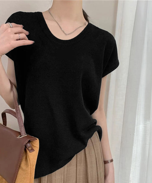 ニットTシャツ レディース 韓国風 夏服 Uネック プルオーバー 着やせ 大人カジュアル インスタ映え シンプルカットソー おしゃれ半袖トップス リラックス 無地 1CHIC-001