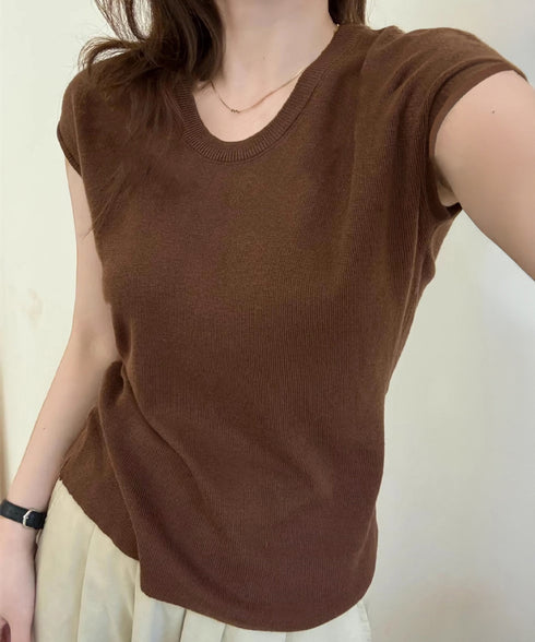 ニットTシャツ レディース 韓国風 夏服 Uネック プルオーバー 着やせ 大人カジュアル インスタ映え シンプルカットソー おしゃれ半袖トップス リラックス 無地 1CHIC-001