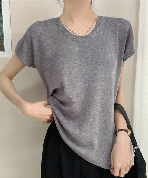 ニットTシャツ レディース 韓国風 夏服 Uネック プルオーバー 着やせ 大人カジュアル インスタ映え シンプルカットソー おしゃれ半袖トップス リラックス 無地 1CHIC-001