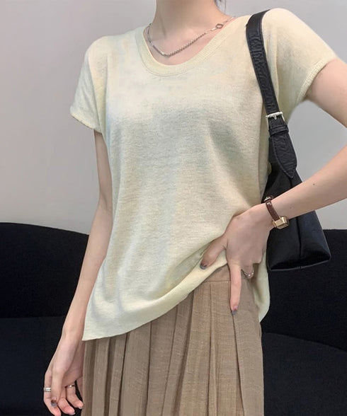 ニットTシャツ レディース 韓国風 夏服 Uネック プルオーバー 着やせ 大人カジュアル インスタ映え シンプルカットソー おしゃれ半袖トップス リラックス 無地 1CHIC-001