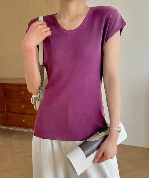 ニットTシャツ レディース 韓国風 夏服 Uネック プルオーバー 着やせ 大人カジュアル インスタ映え シンプルカットソー おしゃれ半袖トップス リラックス 無地 1CHIC-001