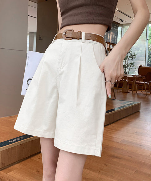 ベルト付きショートパンツ タック入り夏服 レディース ハイウエスト Aラインパンツ オフィスカジュアルショーパン 通勤通学ボトムス 20代30代40代ハーフパンツ 1HLFENG-001