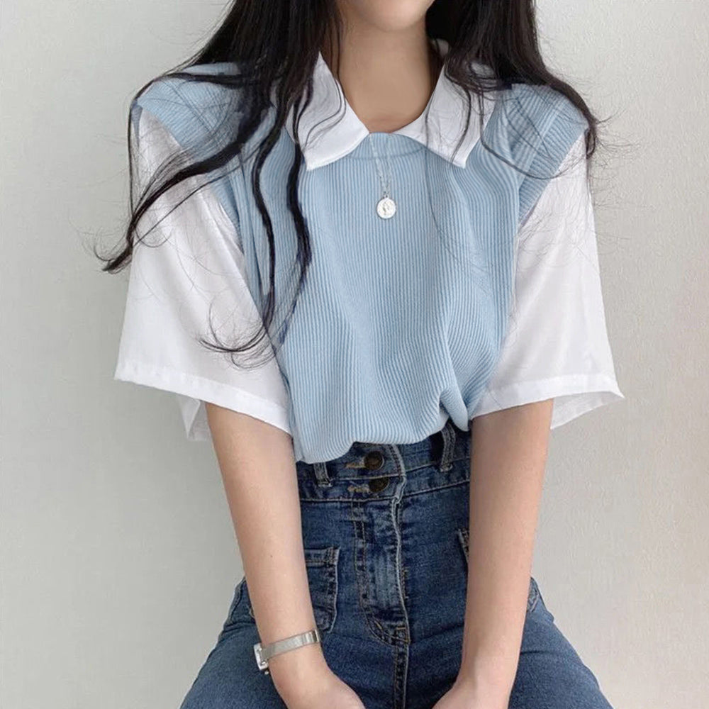半袖ニットtシャツ レイヤード風Tシャツ ブルー