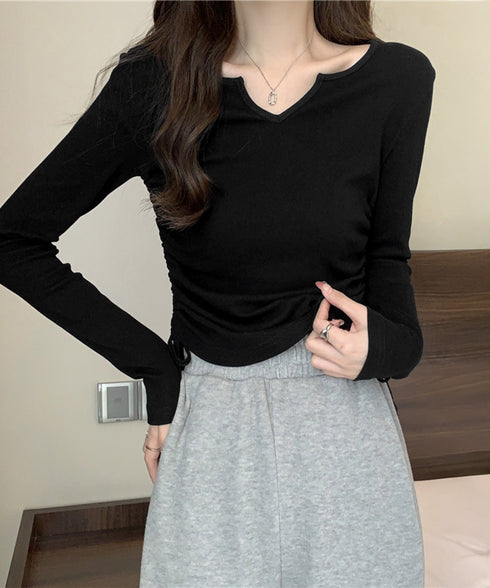 サイドドローストリングTシャツキーネック 長袖カットソーレディース サイドスピンドル シンプルトップス Vネックショート丈tシャツ 着やせ カジュアルプルオーバー 1HUAJT-004