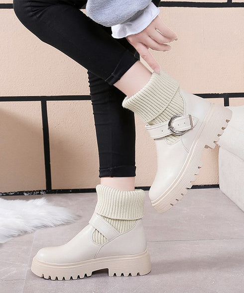 ニットブーツ レディース ソックスブーツ 厚底ショートブーツ 2way美脚ワークブーツ バックルベルト 秋冬ブーティー カジュアルシューズ 歩きやすい靴おしゃれ 1JL-004
