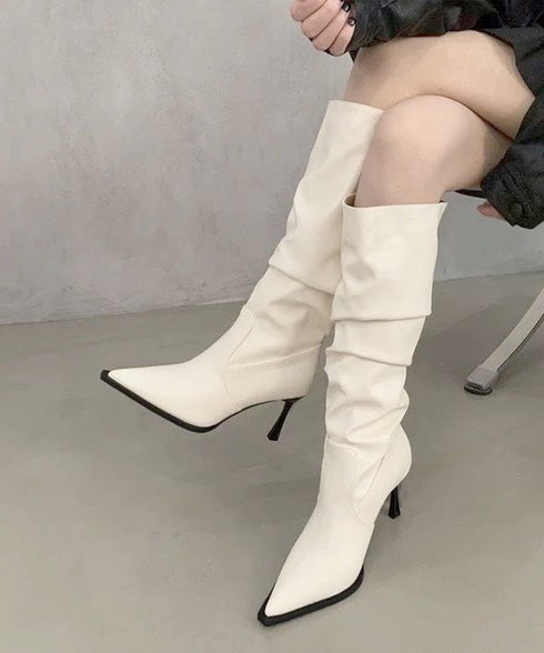 ポインテッドトゥロングブーツピンヒール靴 上品フェイクレザーブーツ くしゅくしゅブーツ美脚脚長 レディース 秋冬靴大人可愛いきれいめ韓国ファッションY2Kモード靴 1JL-014