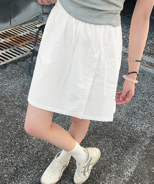 スカート見えラップ風キュロットパンツ薄手 ハイウエスト ドロストスカートパンツレディース ウエストゴムミニボトム ポケット付カジュアル 美脚脚長 スポーティ短パン 1LIANGRUI-002