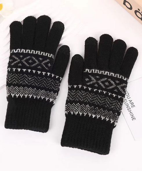 スマホ対応ジャガード手袋 ノルディック柄 裏微起毛 暖かい手袋 レディース 北欧風 5本指ニットグローブ タッチパネル対応 ニット手袋 あったか 幾何学模様手袋冬 1MAJ-001