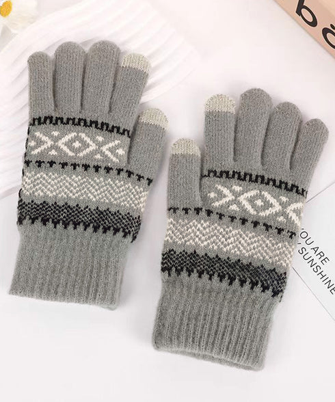 スマホ対応ジャガード手袋 ノルディック柄 裏微起毛 暖かい手袋 レディース 北欧風 5本指ニットグローブ タッチパネル対応 ニット手袋 あったか 幾何学模様手袋冬 1MAJ-001