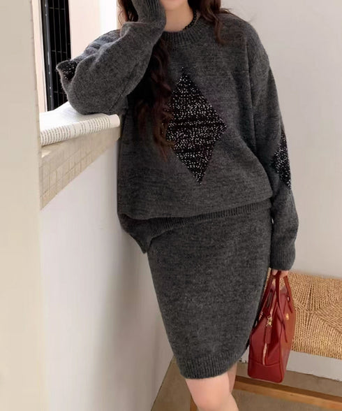 スパンコールニットセットアップ きれいめ 韓国風きらきらニット上下セット レディース 菱形モチーフニットトップス長袖 ニットミニスカート おしゃれ 秋冬ツーピース 1MRJ-012