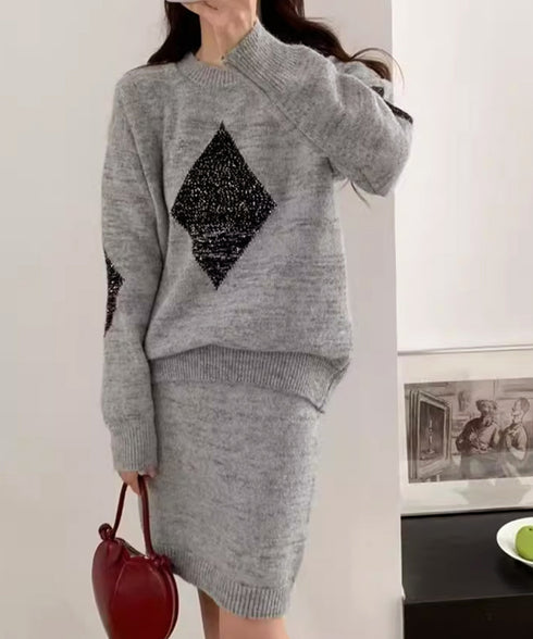 スパンコールニットセットアップ きれいめ 韓国風きらきらニット上下セット レディース 菱形モチーフニットトップス長袖 ニットミニスカート おしゃれ 秋冬ツーピース 1MRJ-012