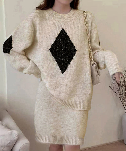 スパンコールニットセットアップ きれいめ 韓国風きらきらニット上下セット レディース 菱形モチーフニットトップス長袖 ニットミニスカート おしゃれ 秋冬ツーピース 1MRJ-012