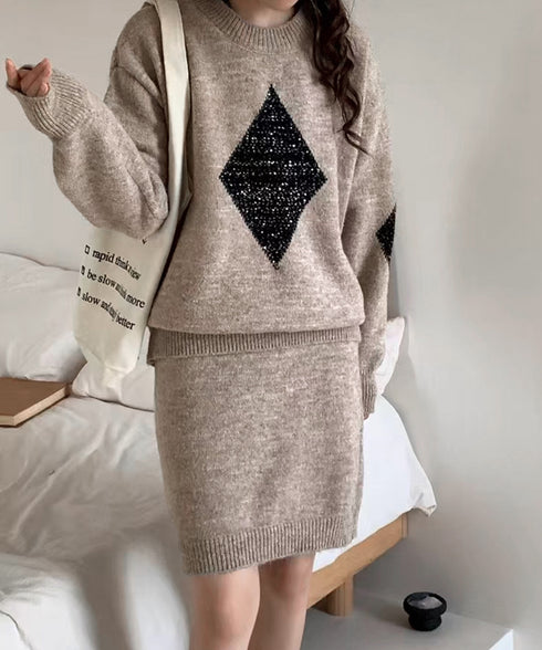 スパンコールニットセットアップ きれいめ 韓国風きらきらニット上下セット レディース 菱形モチーフニットトップス長袖 ニットミニスカート おしゃれ 秋冬ツーピース 1MRJ-012