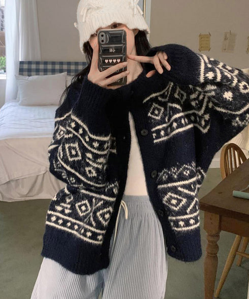 ノルディック柄ニットカーディガン 北欧風 ニットアウター レディース カジュアル秋冬ニットクルーネック レトロニットトップスジャカードセーター 着やせ前開きニット 1MRJ-013