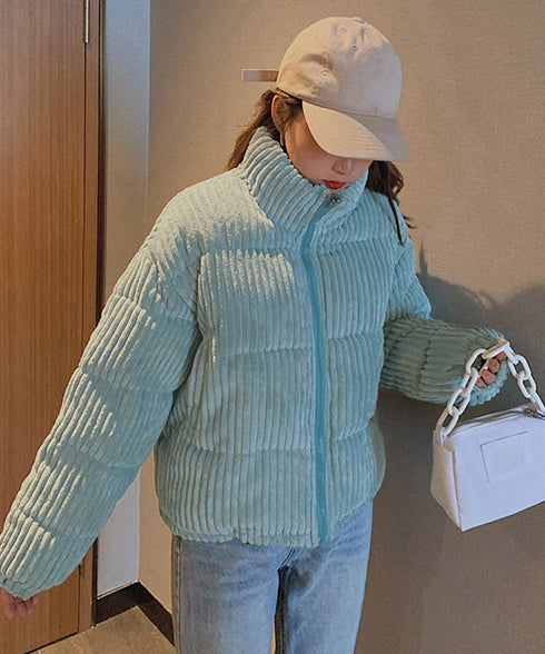 コーデュロイ 中綿ジャケット ショート丈 フェイクダウンジャケット レディース スタンドカラー 厚手ブルゾン 防寒防風 おしゃれ中綿コート あったかいアウター軽い 1MZL-001