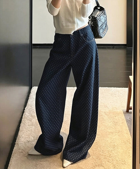 ドット柄デニムワイドパンツ ハイウエスト レディース ゆったりストレートデニム バギーパンツ 体型カバーロングパンツ カジュアルボトムス 美脚脚長レトロ風ジーンズ 1WANYUN-001