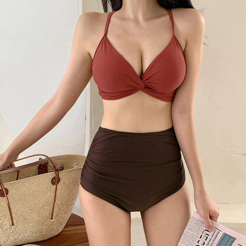 レディースビキニ 水着2点セットセクシー 可愛い セパレート水着 クロスデザイン ハイウエスト ショーツ 韓国ファッション セクシー胸元 盛れるスイムウェア海水浴 1XUYUE-004