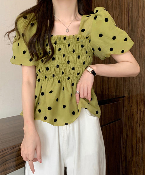 ドット柄シャーリングブラウス レディース きれいめブラウス半袖 パフスリーブ ペプラムトップススクエアネック着やせ大人可愛い夏服 韓国風プルオーバーウエストマーク 1YDG-009