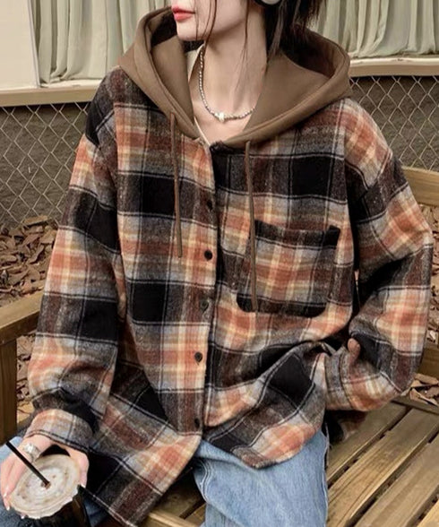 チェックフードシャツ レイヤード風シャツ オーバーサイズ チェックシャツレディース 重ね着風 パーカーシャツ 長袖秋冬服 韓国風ライトアウター ネルシャツアウター 1YGL-003