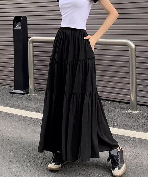 ティアードロングスカート レディース春夏 ハイウエストプリーツスカート 体型カバーボトムス ウエストゴム 切り替えフレアスカート きれいめ大人可愛いマキシスカート 1YIMEIKA-001