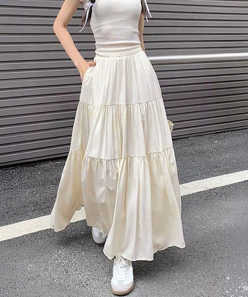 ティアードロングスカート レディース春夏 ハイウエストプリーツスカート 体型カバーボトムス ウエストゴム 切り替えフレアスカート きれいめ大人可愛いマキシスカート 1YIMEIKA-001