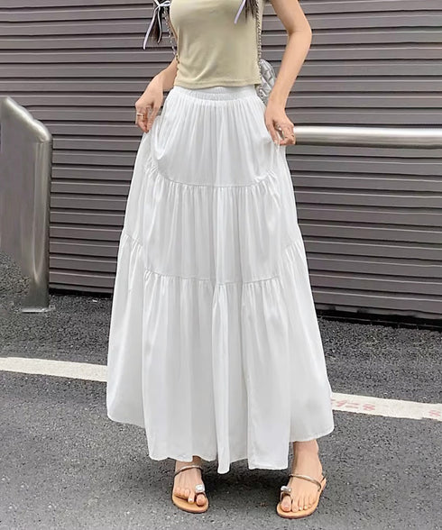 ティアードロングスカート レディース春夏 ハイウエストプリーツスカート 体型カバーボトムス ウエストゴム 切り替えフレアスカート きれいめ大人可愛いマキシスカート 1YIMEIKA-001