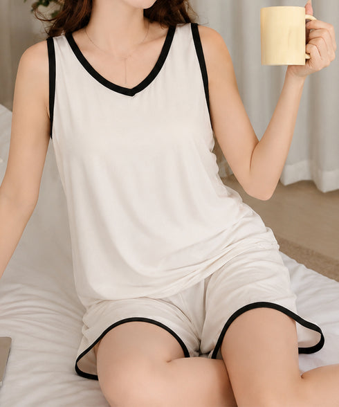 ルームウェアセットアップカップ付き部屋着 大人可愛い Vネックタンクトップ ショートパンツ上下セット バイカラーパジャマ2点セット ゆったり寝巻きワンマイルウェア 1YIND-001