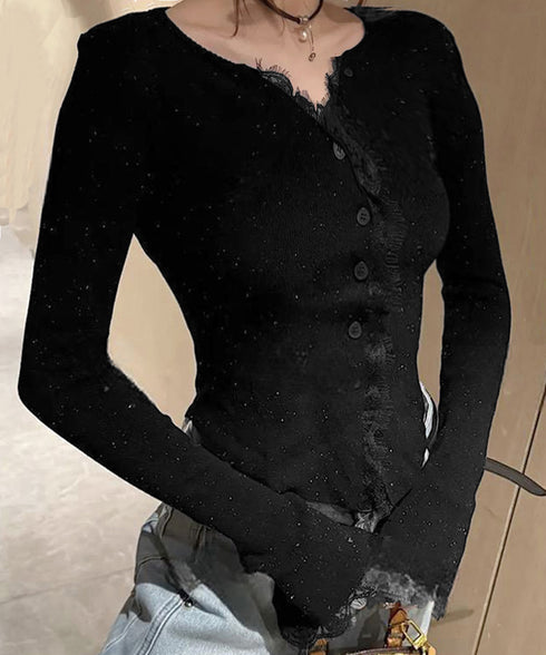 カラーネップヤーンニットカーディガン長袖 レースドッキングニットトップス レディース きれいめVネックニット羽織り キーネックニットソー おしゃれ 春秋冬セーター 1YML-001