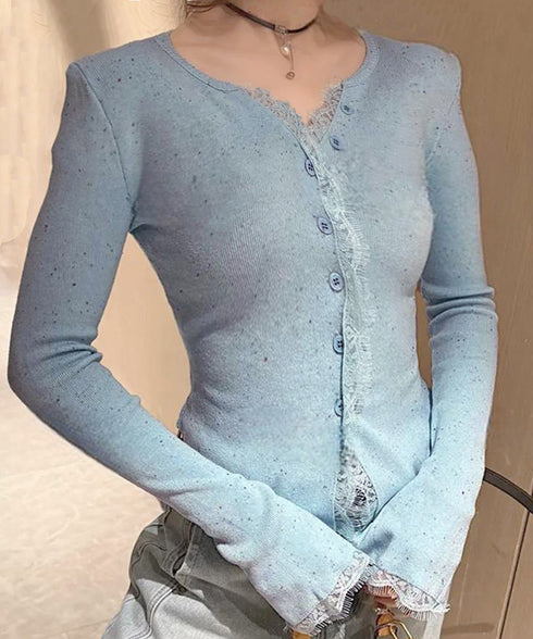 カラーネップヤーンニットカーディガン長袖 レースドッキングニットトップス レディース きれいめVネックニット羽織り キーネックニットソー おしゃれ 春秋冬セーター 1YML-001