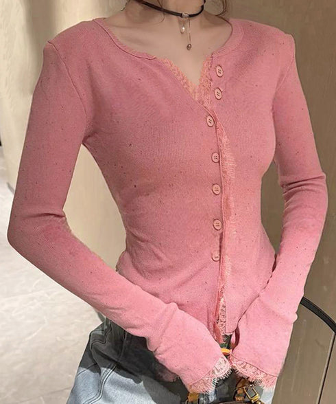 カラーネップヤーンニットカーディガン長袖 レースドッキングニットトップス レディース きれいめVネックニット羽織り キーネックニットソー おしゃれ 春秋冬セーター 1YML-001