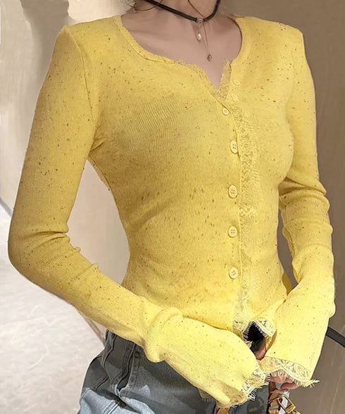 カラーネップヤーンニットカーディガン長袖 レースドッキングニットトップス レディース きれいめVネックニット羽織り キーネックニットソー おしゃれ 春秋冬セーター 1YML-001