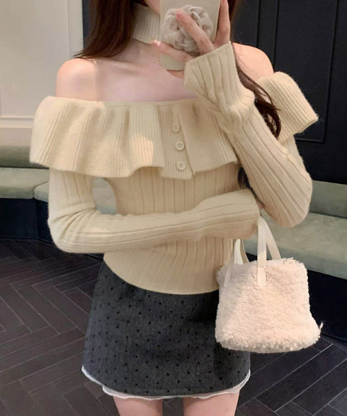 チョーカーネックニットトップスオフショル レディース 大人可愛い セパレートネック リブニットカットソー オフショルダー フリルニット着やせ 2WAYトップス春秋 1YQIAN-001