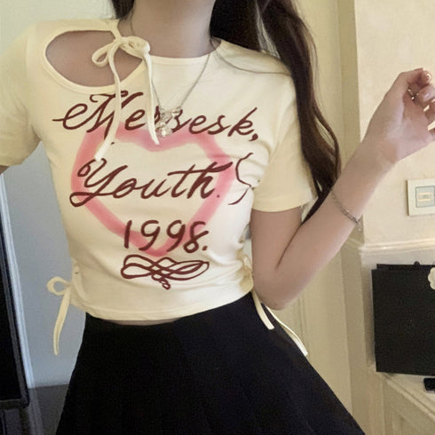 ロゴt 韓国 tシャツ レディース 半袖 カットアウト ミニtシャツ ドローストリング チビtシャツ おしゃれ 着やせ tシャツ セクシー トップス 1枚で決まる 1AMY-002