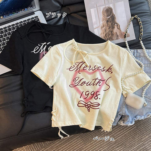 ロゴt 韓国 tシャツ レディース 半袖 カットアウト ミニtシャツ ドローストリング チビtシャツ おしゃれ 着やせ tシャツ セクシー トップス 1枚で決まる 1AMY-002