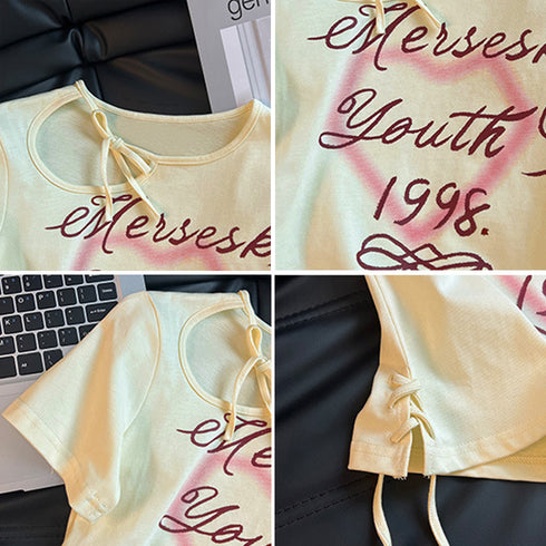 ロゴt 韓国 tシャツ レディース 半袖 カットアウト ミニtシャツ ドローストリング チビtシャツ おしゃれ 着やせ tシャツ セクシー トップス 1枚で決まる 1AMY-002