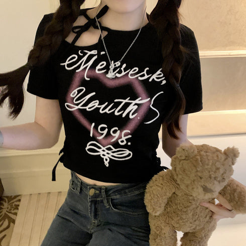 ロゴt 韓国 tシャツ レディース 半袖 カットアウト ミニtシャツ ドローストリング チビtシャツ おしゃれ 着やせ tシャツ セクシー トップス 1枚で決まる 1AMY-002