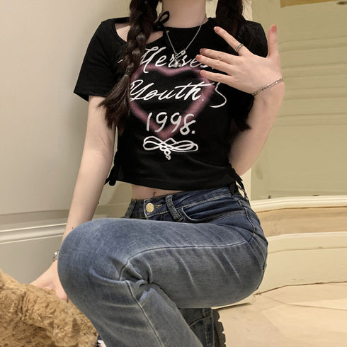 ロゴt 韓国 tシャツ レディース 半袖 カットアウト ミニtシャツ ドローストリング チビtシャツ おしゃれ 着やせ tシャツ セクシー トップス 1枚で決まる 1AMY-002