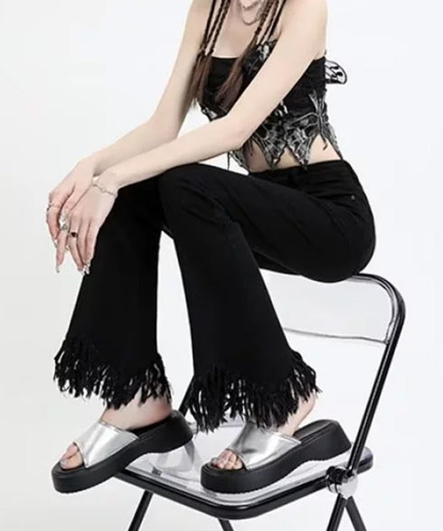 フレアパンツ デニムパンツレディース美脚 ハイウエスト スキニーデニムパンツ 着やせ カジュアル ロングパンツ おしゃれ 裾フリンジ ジーパン 細身 スリム 韓国 1AMY-008