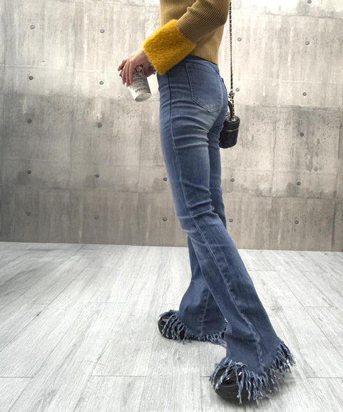 フレアパンツ デニムパンツレディース美脚 ハイウエスト スキニーデニムパンツ 着やせ カジュアル ロングパンツ おしゃれ 裾フリンジ ジーパン 細身 スリム 韓国 1AMY-008