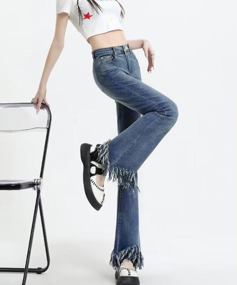 フレアパンツ デニムパンツレディース美脚 ハイウエスト スキニーデニムパンツ 着やせ カジュアル ロングパンツ おしゃれ 裾フリンジ ジーパン 細身 スリム 韓国 1AMY-008
