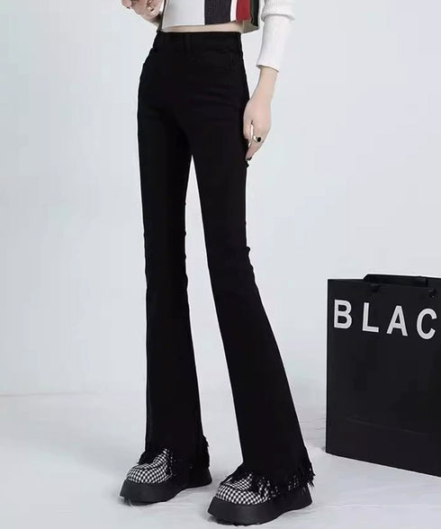 フレアパンツ デニムパンツレディース美脚 ハイウエスト スキニーデニムパンツ 着やせ カジュアル ロングパンツ おしゃれ 裾フリンジ ジーパン 細身 スリム 韓国 1AMY-008