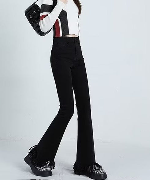 フレアパンツ デニムパンツレディース美脚 ハイウエスト スキニーデニムパンツ 着やせ カジュアル ロングパンツ おしゃれ 裾フリンジ ジーパン 細身 スリム 韓国 1AMY-008