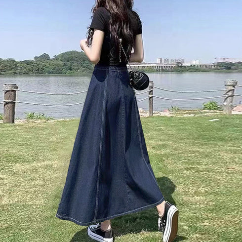 デニムスカート ロングスカート Aライン おしゃれフレアスカート ハイウエスト レディース 韓国美脚スカート 春秋夏ボトムス レトロ体型カバー きれいめカジュアル 1AMY-009
