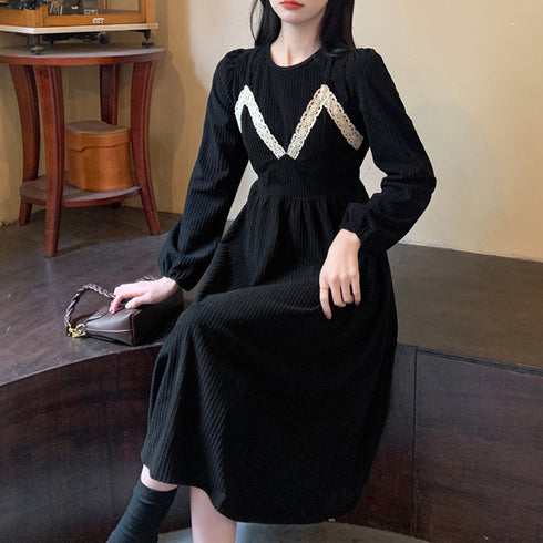 コーデュロイワンピース レイヤード風秋冬 大人可愛い ロングワンピース 厚手 重ね着風 レディース オシャレ Aラインワンピース 長袖レトロ 体型カバー きれいめ 1AMY-013