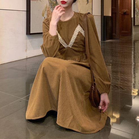 コーデュロイワンピース レイヤード風秋冬 大人可愛い ロングワンピース 厚手 重ね着風 レディース オシャレ Aラインワンピース 長袖レトロ 体型カバー きれいめ 1AMY-013