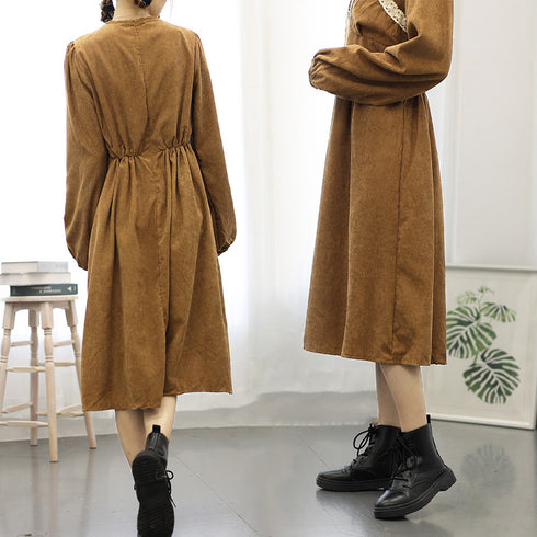 コーデュロイワンピース レイヤード風秋冬 大人可愛い ロングワンピース 厚手 重ね着風 レディース オシャレ Aラインワンピース 長袖レトロ 体型カバー きれいめ 1AMY-013